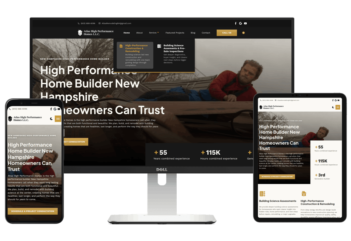 Laptop, phone, and tablet with the Atlas High Performance Homes website displaying on the screens