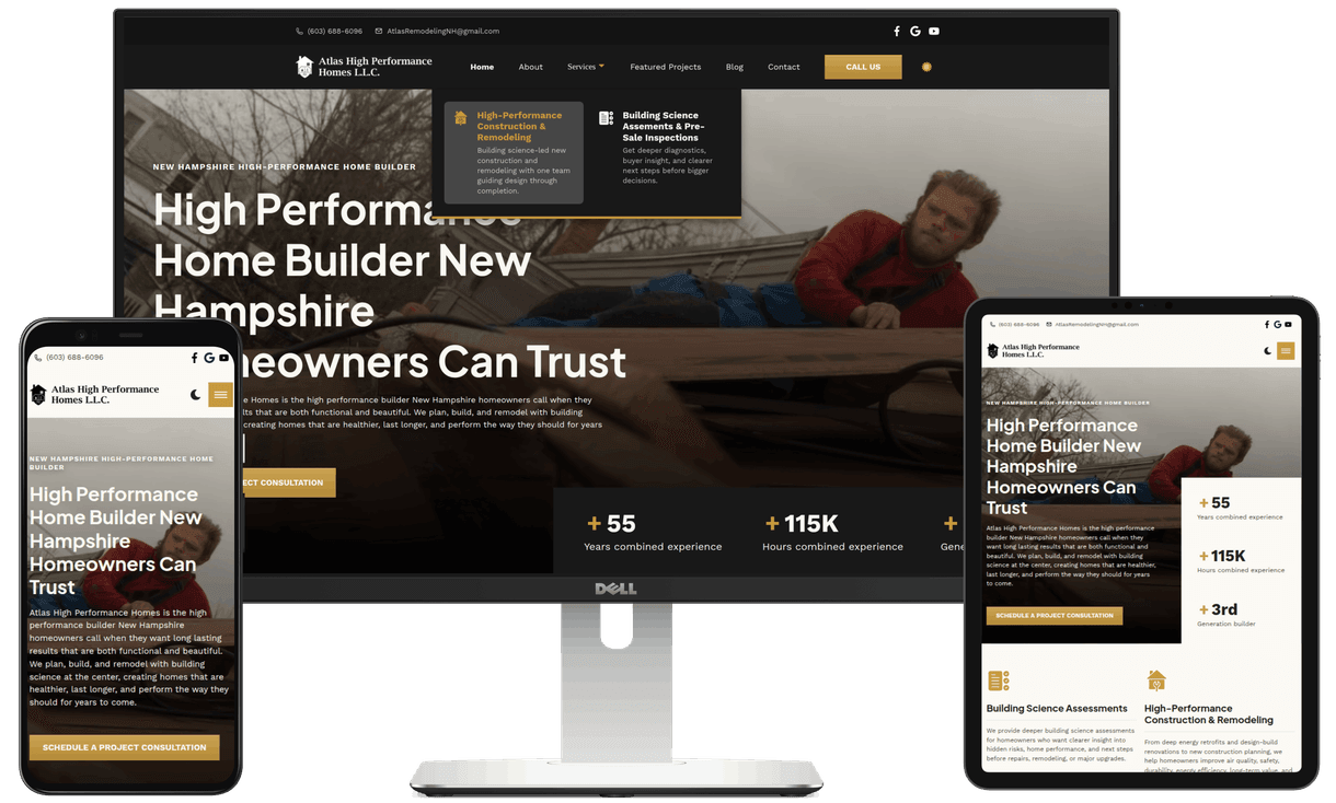 Laptop, phone, and tablet with the Atlas High Performance Homes website displaying on the screens