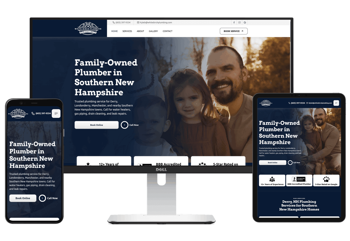 Laptop, phone, and tablet with the White Birch Plumbing website displaying on the screens