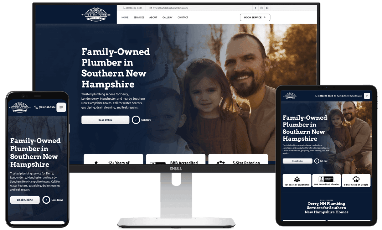 Laptop, phone, and tablet with the White Birch Plumbing website displaying on the screens