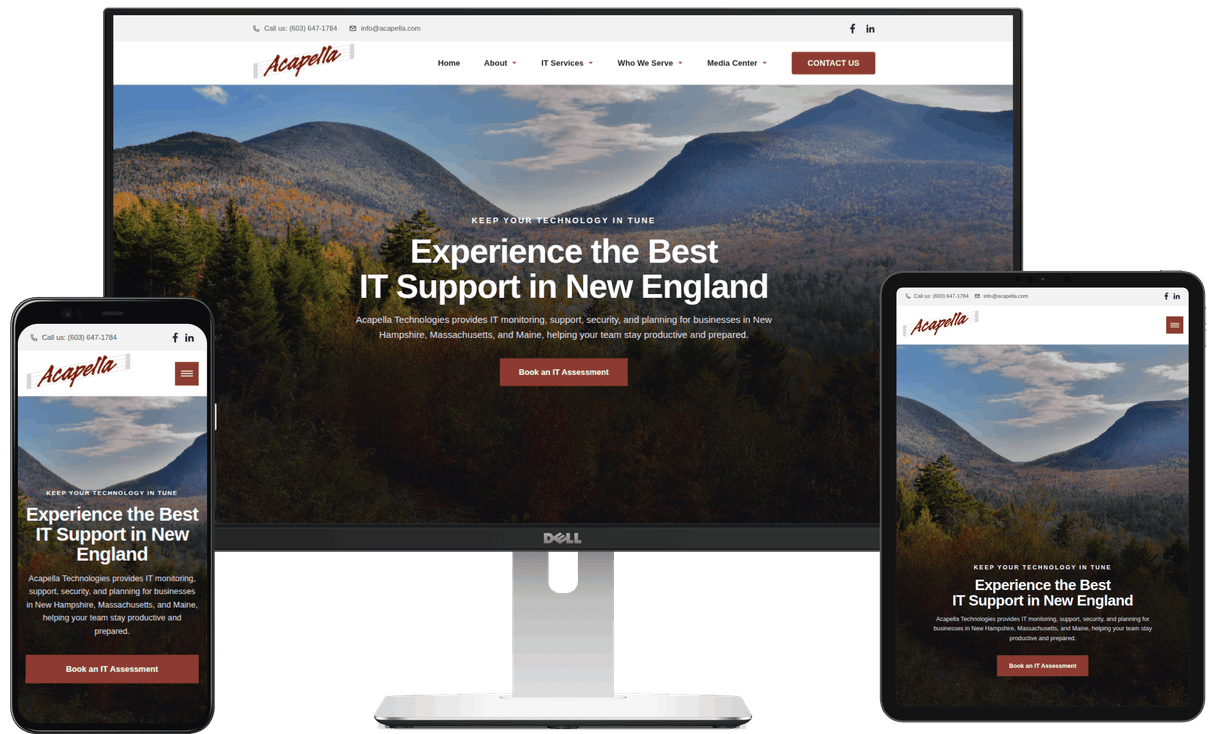 Desktop monitor, phone, and tablet displaying the Acapella Technologies website