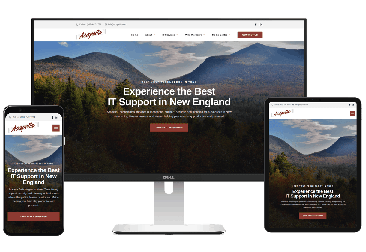 Desktop monitor, phone, and tablet displaying the Acapella Technologies website