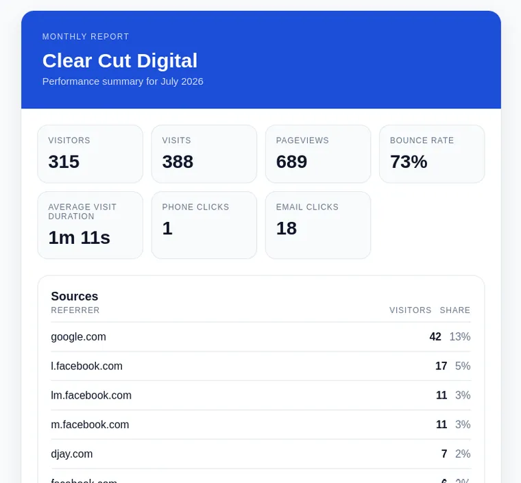 Monthly report showing website visitors, phone clicks, and email clicks