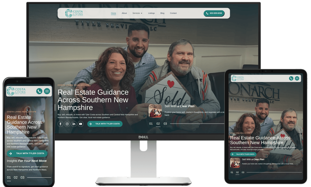 Desktop monitor, phone, and tablet displaying the Costa Living Real Estate website
