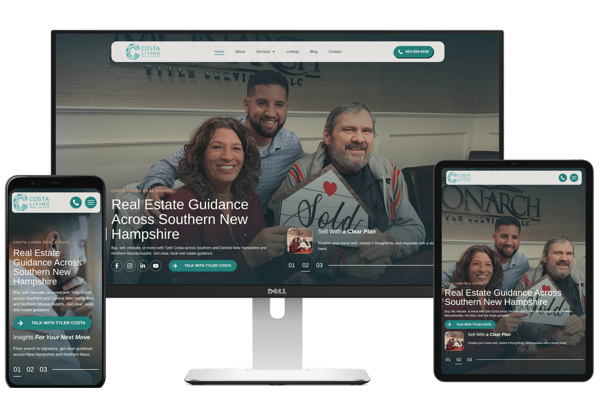 Desktop monitor, phone, and tablet displaying the Costa Living Real Estate website