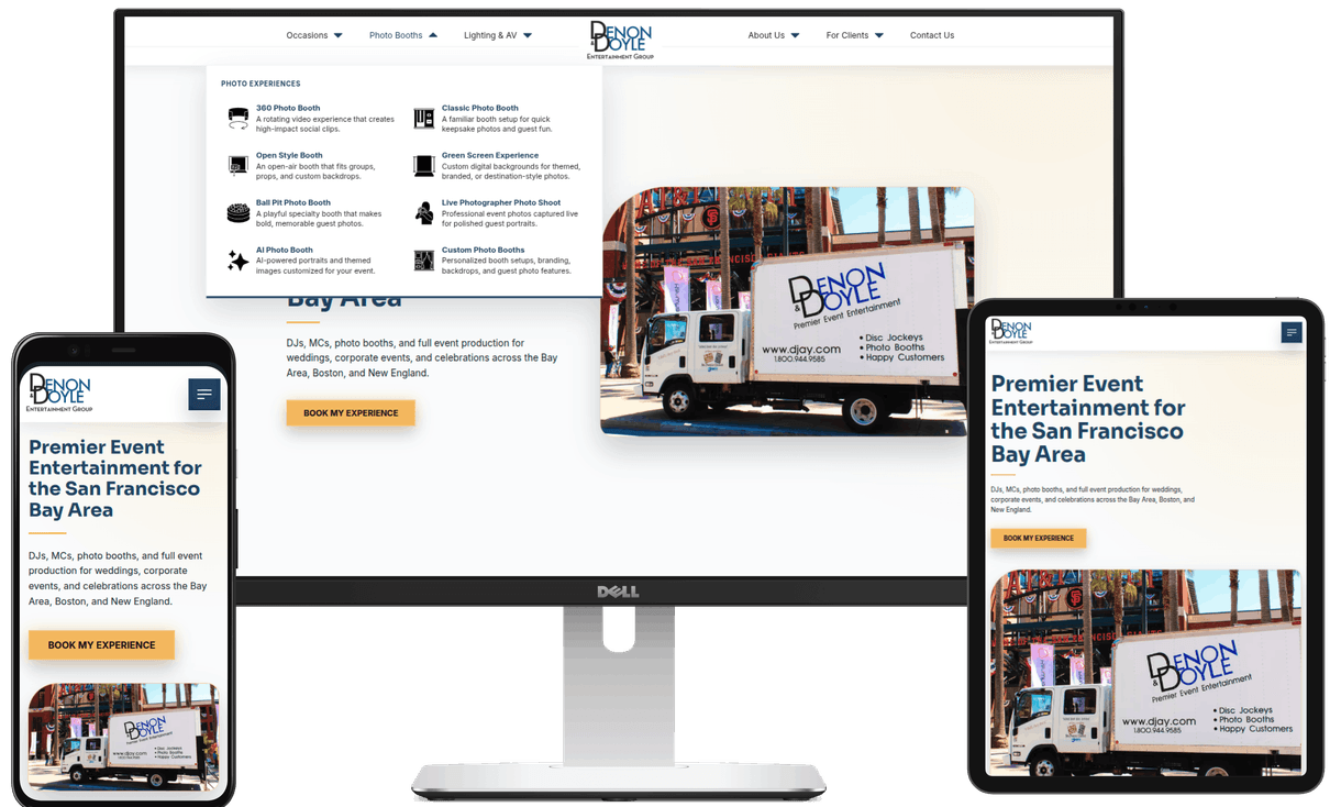 Laptop, phone, and tablet with the Denon & Doyle Entertainment website displaying on the screens