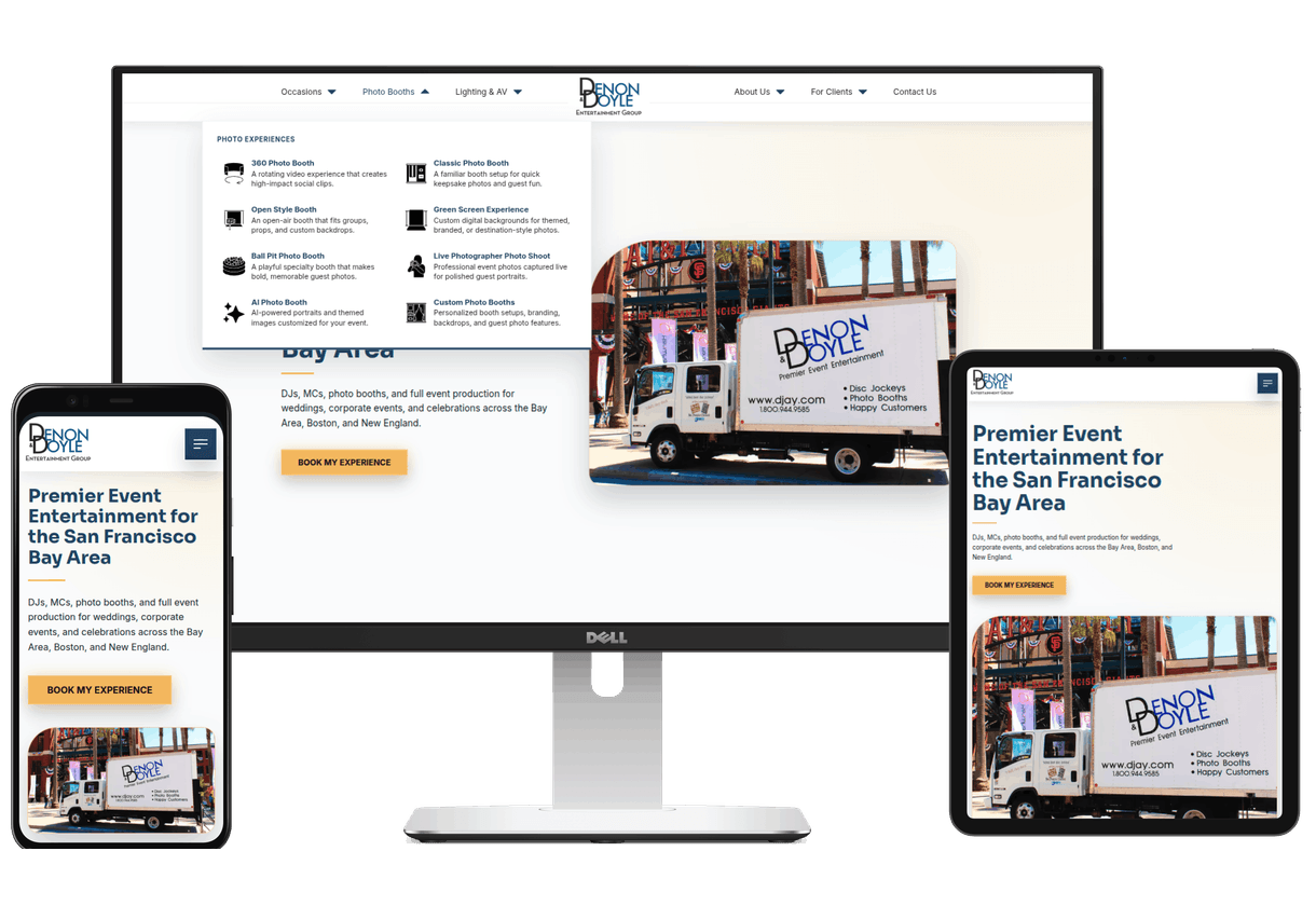 Laptop, phone, and tablet with the Denon & Doyle Entertainment website displaying on the screens