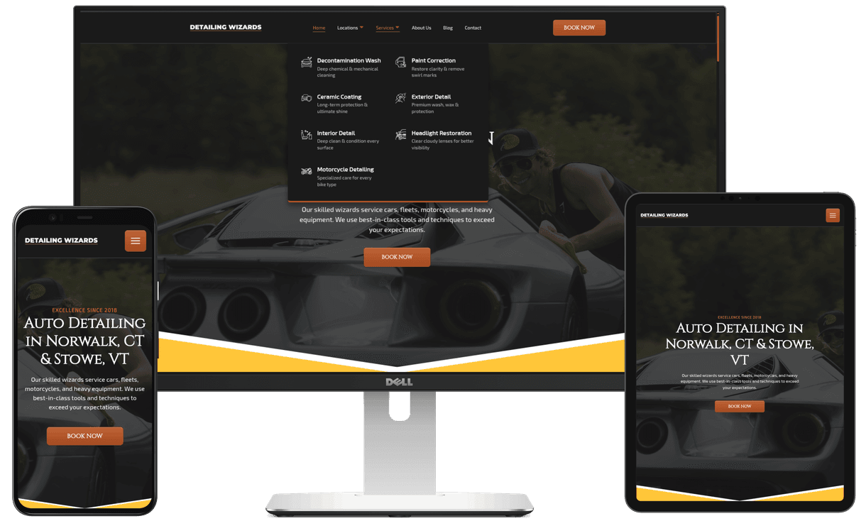 Laptop, phone, and tablet with the Detailing Wizards website displaying on the screens