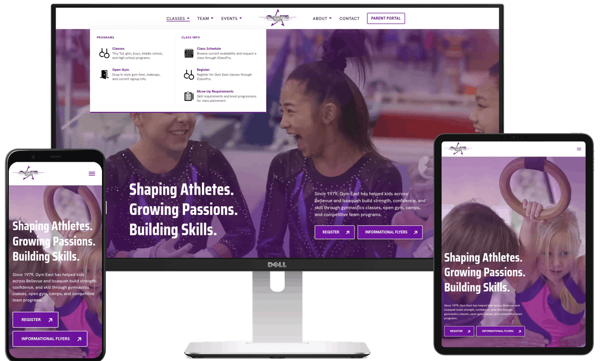 Laptop, phone, and tablet with the Gymnastics East website displaying on the screens