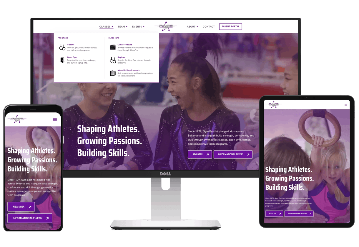 Laptop, phone, and tablet with the Gymnastics East website displaying on the screens