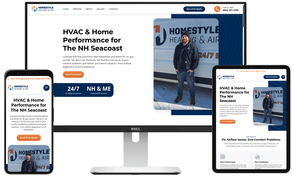 Laptop, phone, and tablet with the HomeStyle Heating website displaying on the screens