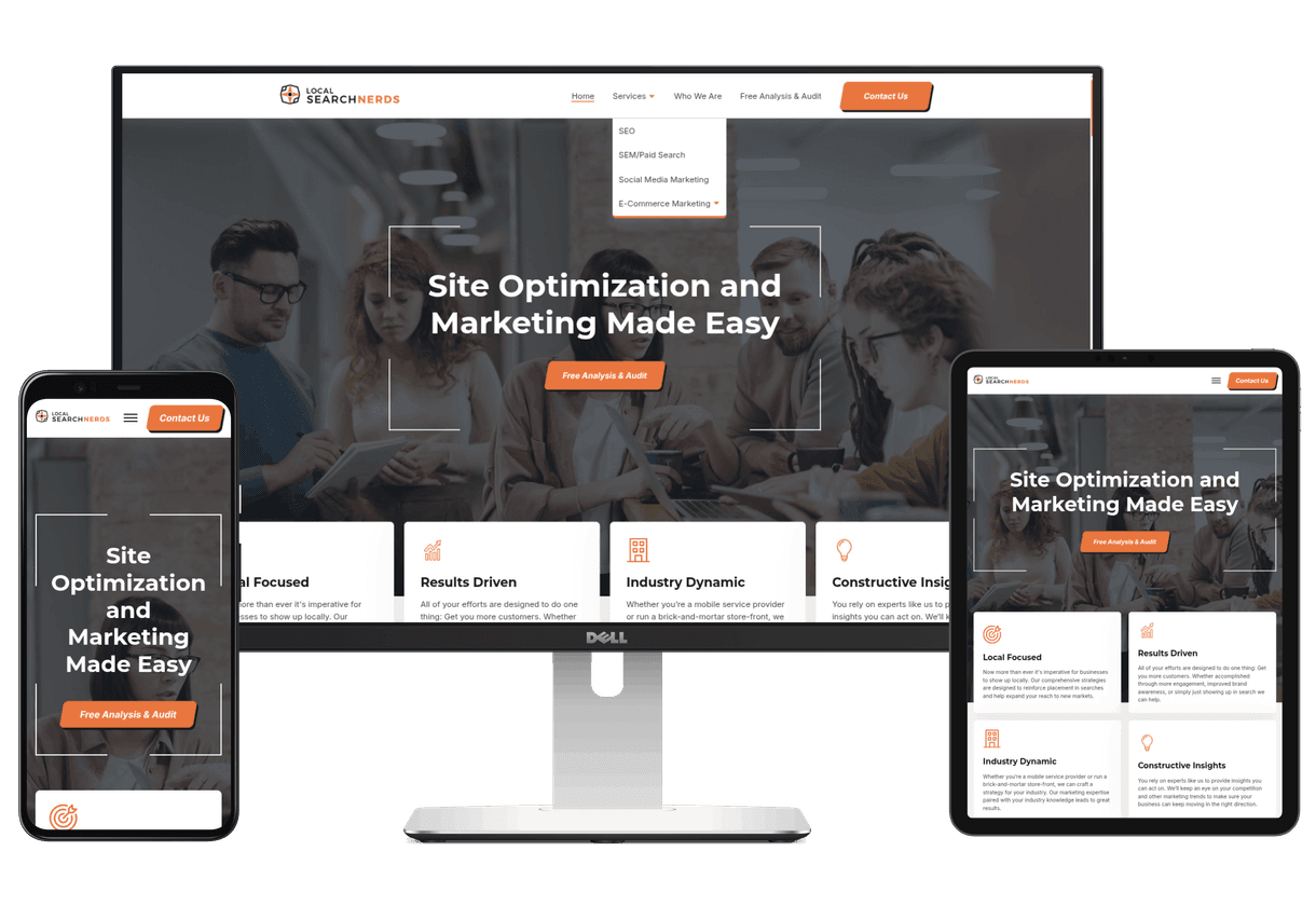 Laptop, phone, and tablet with the Local Search Nerds website displaying on the screens