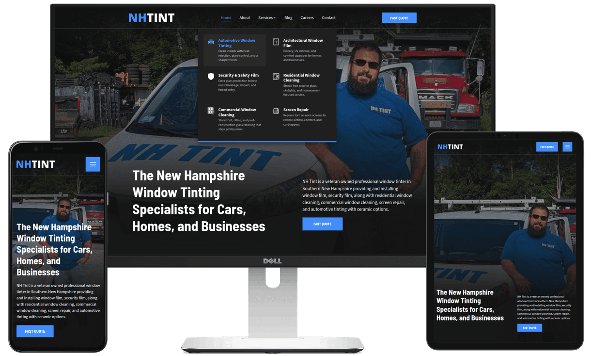 Laptop, phone, and tablet with the NH Tint website displaying on the screens