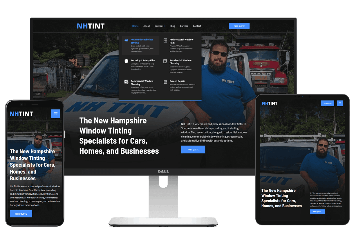 Laptop, phone, and tablet with the NH Tint website displaying on the screens