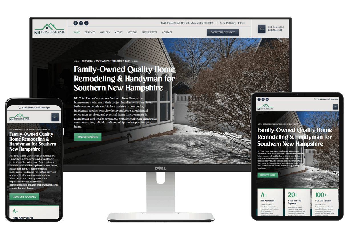 Laptop, phone, and tablet with the NH Total Home Care website displaying on the screens
