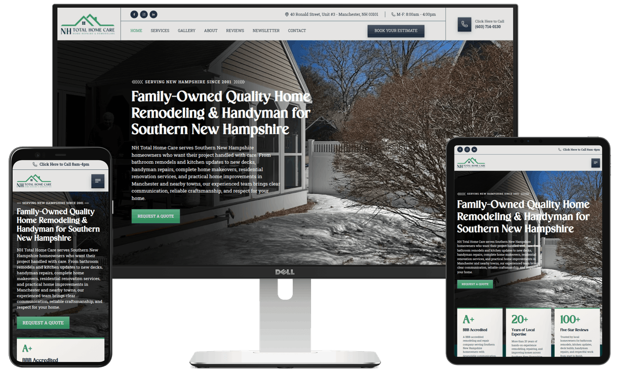 Laptop, phone, and tablet with the NH Total Home Care website displaying on the screens