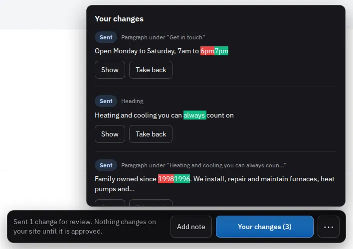 The editing bar on a website, with a list of sent changes and where each one stands