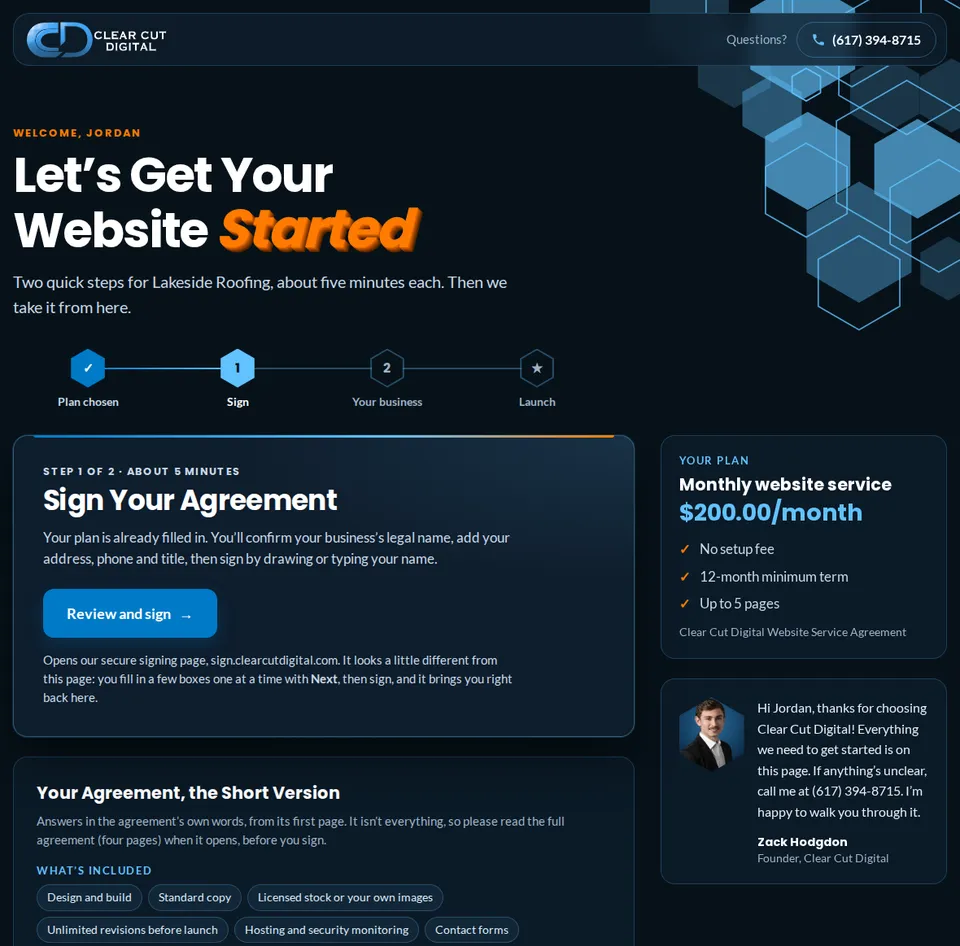 Onboarding page where a new client signs their agreement and shares details about their business