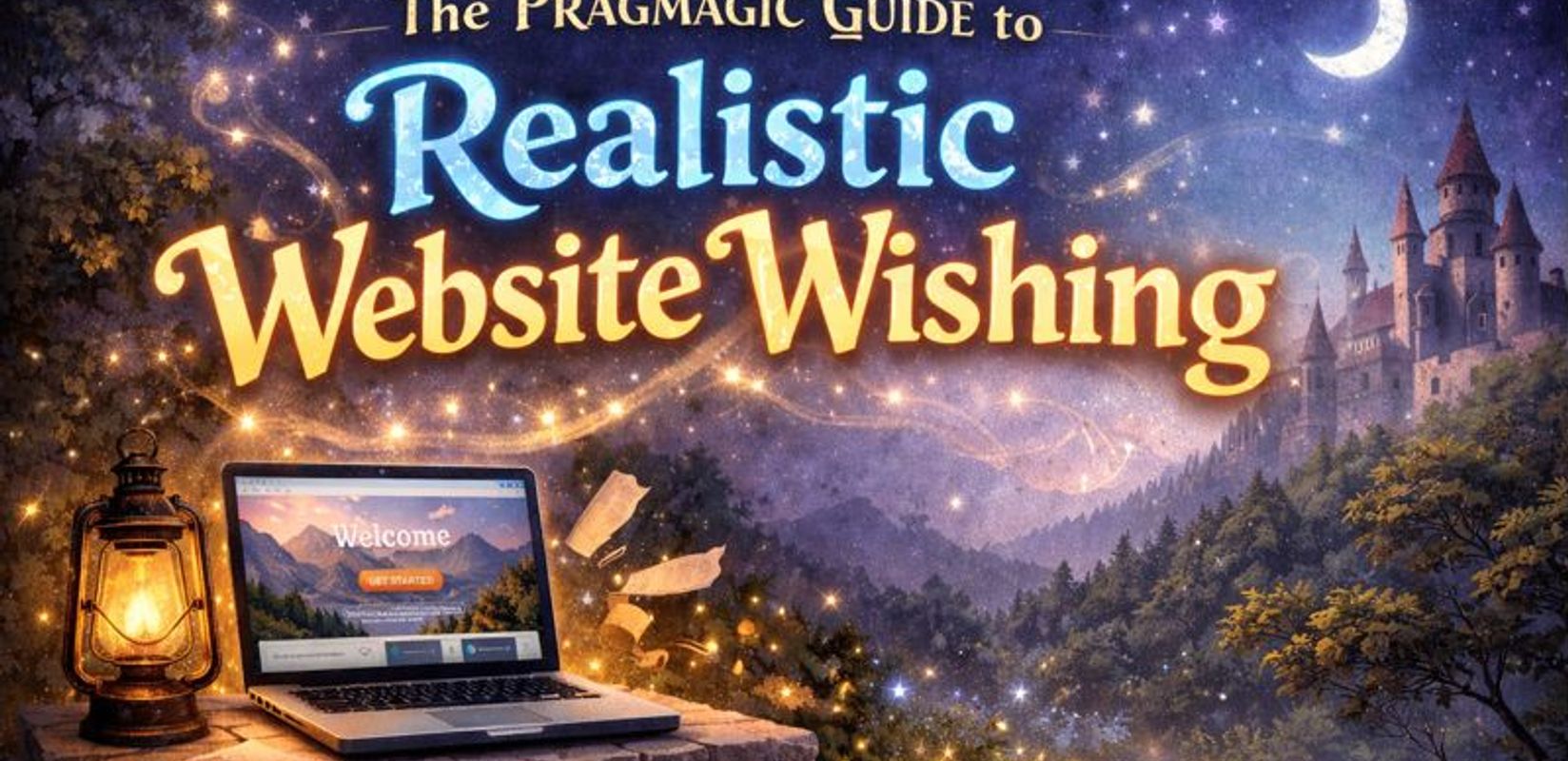 A glowing laptop sits on a stone table in a forest, illuminated by a lantern.