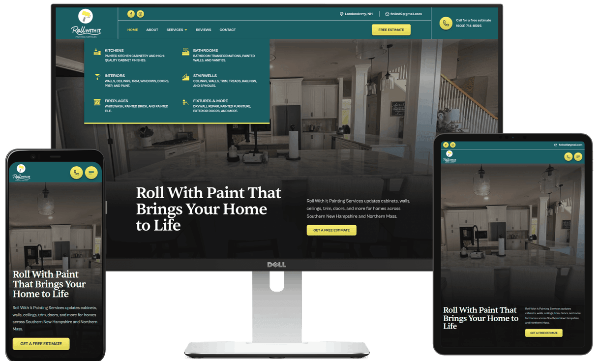 Laptop, phone, and tablet with the Roll With It Painting website displaying on the screens