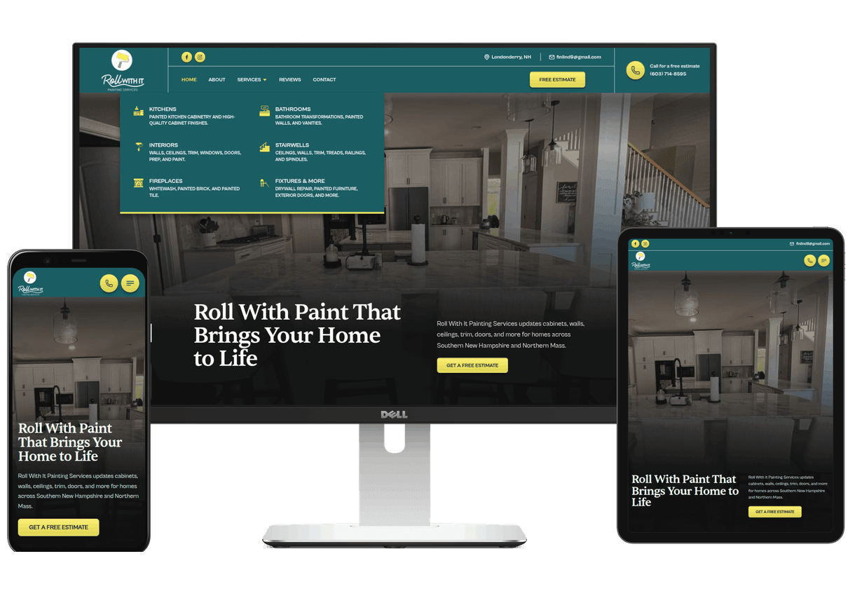 Laptop, phone, and tablet with the Roll With It Painting website displaying on the screens