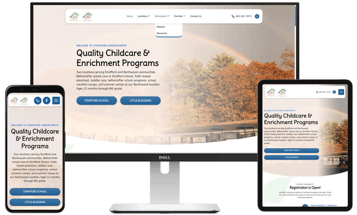 The Strafford KinderCampus website is showing on a laptop, phone, and tablet