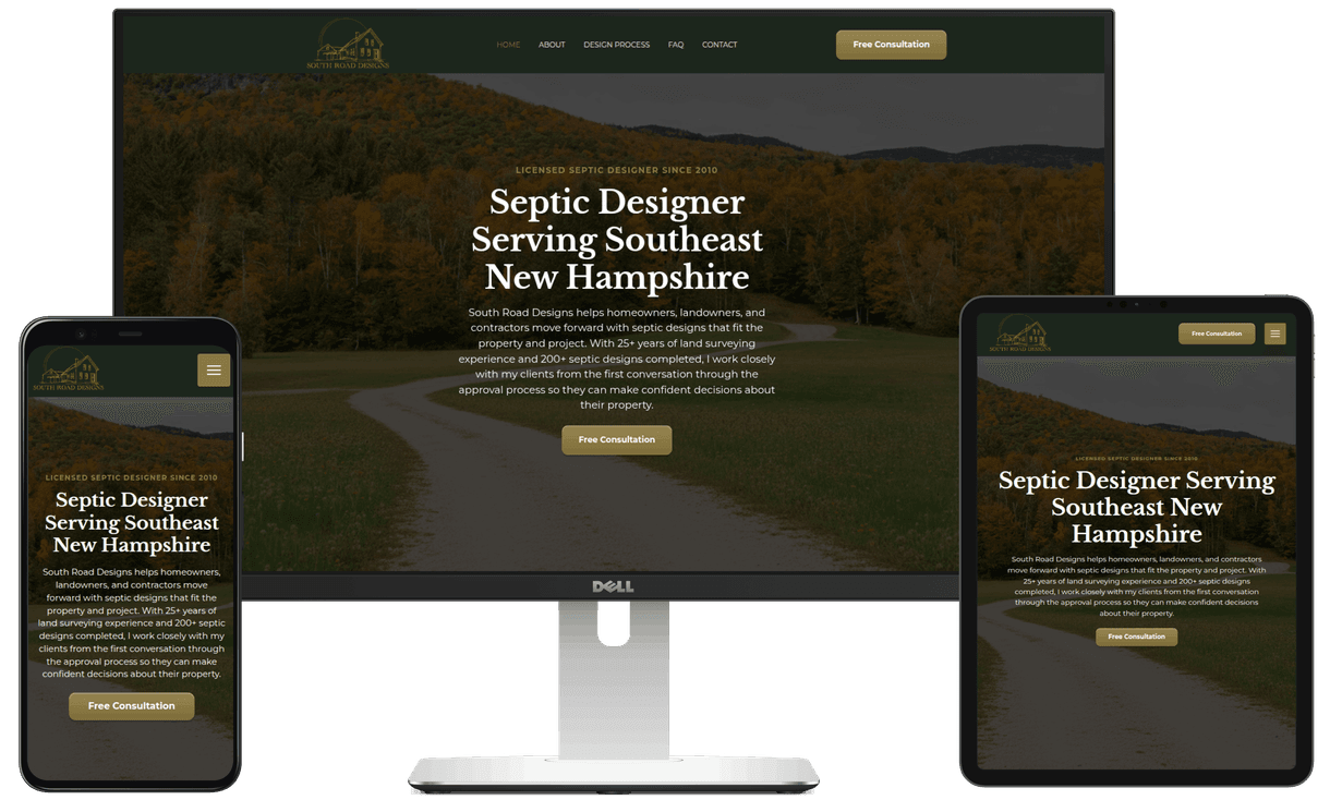 Laptop, phone, and tablet with the South Road Designs website displaying on the screens