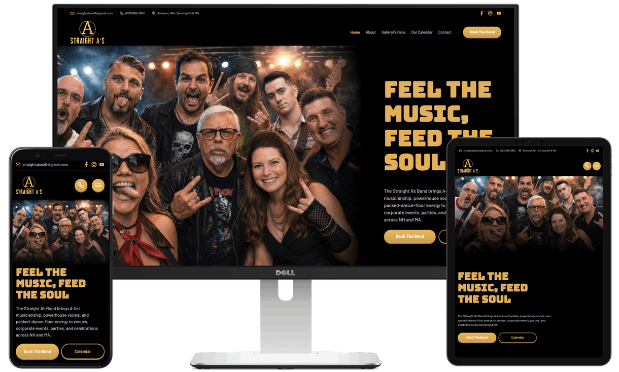 Laptop, phone, and tablet with The Straight A's Band website displaying on the screens